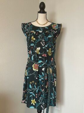 LOFT Green Floral Tie-Waist Midi Dress with Teal & Yellow Accents